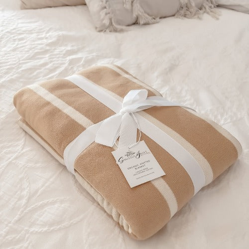 Breathable Organic Knitted Blanket - Snuggly Jacks Warmth in Toffee Stripe Available in Canada