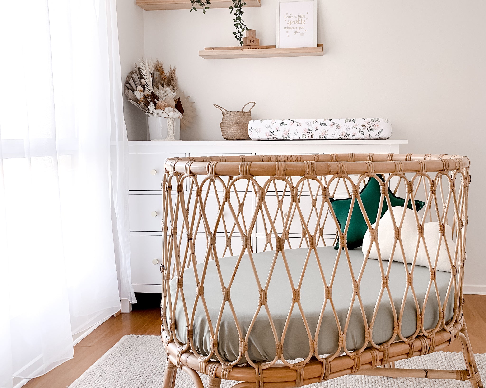 Sage bassinet sheet made from all-natural fibers for a healthy and eco-friendly nursery