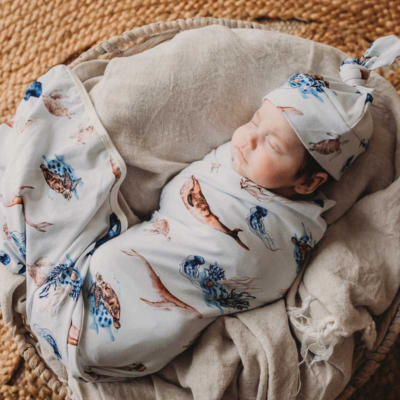 Ocean Jersey Swaddle Wrap & Beanie