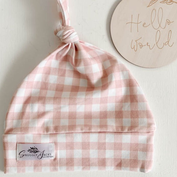 Peachy Pink Gingham Knotted Beanie