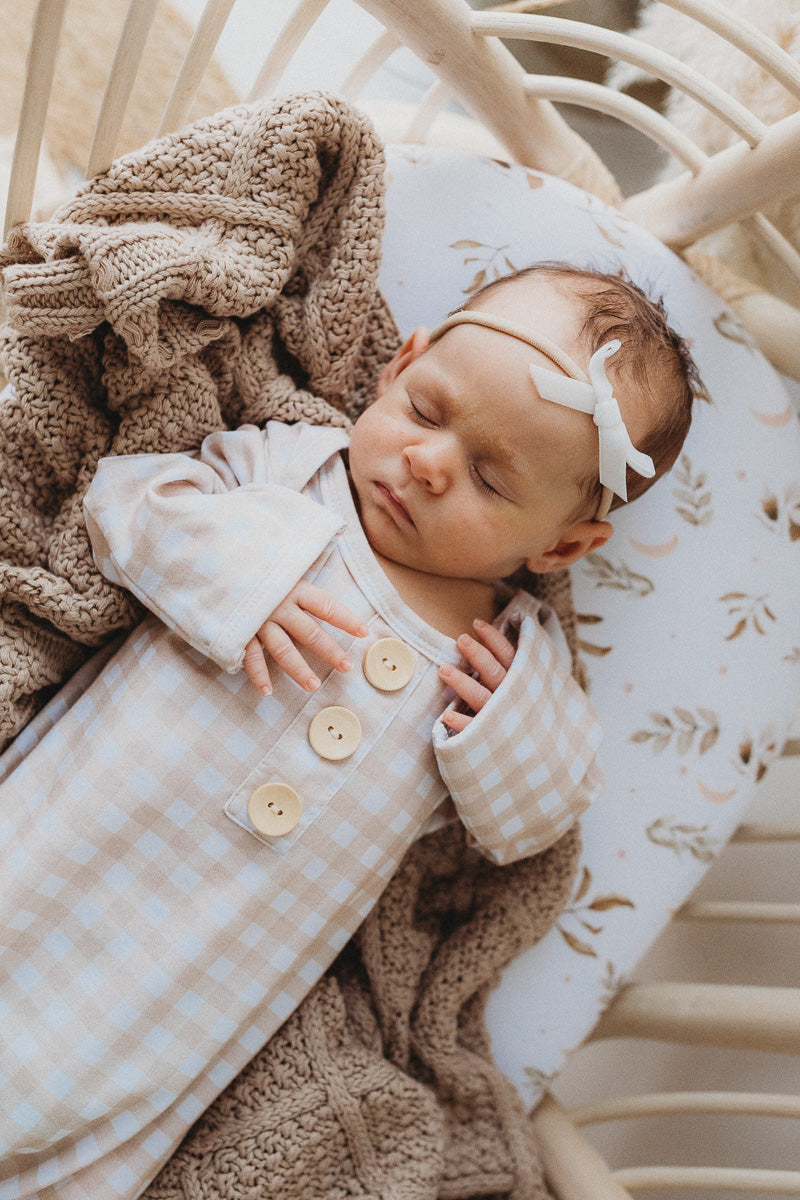 Sand Gingham Newborn Knotted Gown